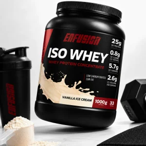 Enfusion Iso Whey tub with a shaker and protein scoop